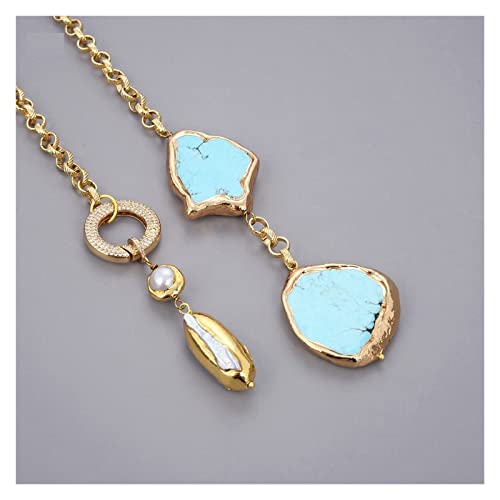 ZAIXIA Jóias 27 polegadas brancas biwa pérolas azul gemas de pedra de pedra lariat colar fulfill