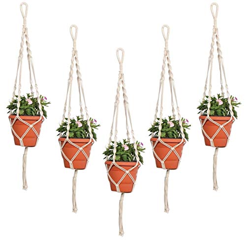 ecofynd Macrame Plant Hanger, Cotton Rope Flower Pot Holder for Indoor Outdoor Balcony Garden Wall, Boho Home Decor Basket Hanger, Ivory, 9 inch, Pack of 5 ecofynd Macrame Plant Hanger, Cotton Rope Flower Pot Holder for Indoor Outdoor Balcony Garden Wall, Boho Home Decor Basket Hanger, Ivory, 9 inch, Pack of 5