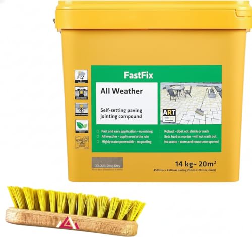 Fast Fix All Weather | Ready to Use Self-Setting Paving Jointing Compound for Any Weather Suitable for Stones Setts Paving Block and Footpaths With Scrub Brush 14kg - 20 sq.m (Deep Grey)