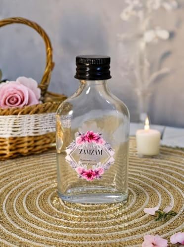 Zayoshe Zamzam Glass Bottles (Pack of 5) 100ml Empty Bottles with Elegant Floral Design Premium Gift for Hajj Umrah Ramadan & Eid Compact Travel Size with Secure Black Lid