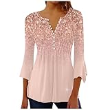 Nantdog Prime Amaon Online Shopping Five Dollar Items 3/4 Sleeve Tops for Women Fall Fashion Blouse 2024 Trendy Floral Print Shirt Button Down V Neck Western Oversized Y2k Rose Gold Small
