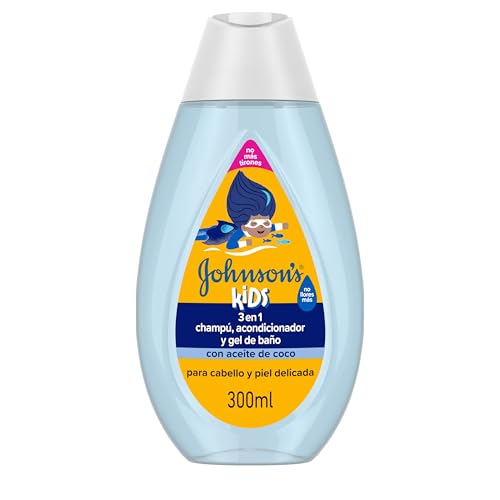 Johnson’s Kids Champú niños, acondicionador pelo y gel de baño 3 en 1 (300 ml), champú con fórmula No Llores Más, enriquecido con aceite de coco, para cabello y piel delicada