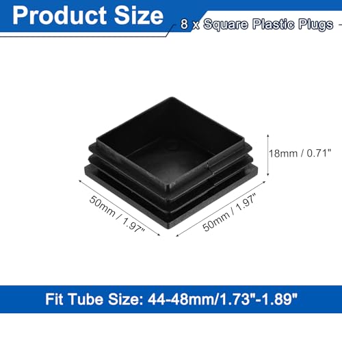 Image of uxcell 8Pcs Square Plastic Plugs, 50 x 50mm /1.97 x 1.97inch PE Pipe Tubing End Caps for 44-48mm /1.73-1.89inch Square Tube Furniture Chair Leg, Black