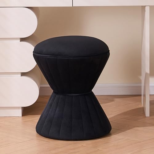 DRKAT Multifunction Velvet Ottoman, Upholstered Vanity Stool Chair, Sturdy Round Footstool for Makeup, Living Room, Bedroom, Entryway, Black