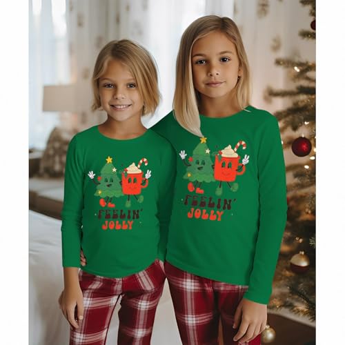 Image of Kids Christmas Shirts Girls Boys Feelin Jolly Long Sleeve T-Shirts Xmas Tree Hot Cocoa Graphic Tee Holiday Fall Tops