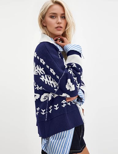MISSACTIVER Floral Print Button Down Cardigan Sweaters for Women Long Sleeve V Neck Open Front Knit Crop Tops Fall Jacket Navy Blue — view 2