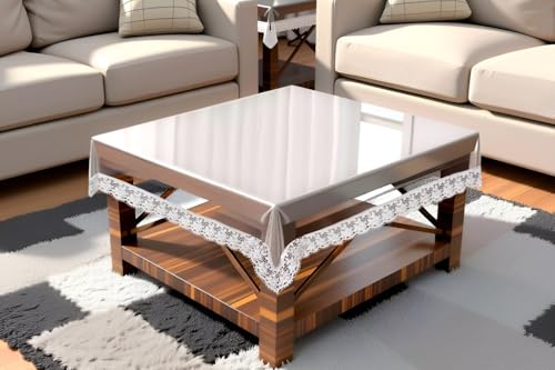Image of The Furnishing Tree Square Shaped Center Transparent Table Cover Size 36x36 inches 0.25 mm Thickness with White Lace