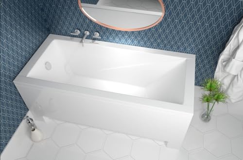 ECOLAM Badewanne Modern 170x70 cm Schürze | Acrylwanne Rechteck | Wanne Design | Komplett-Set Ablaufgarnitur Ab- und Überlauf Automatik Füße + Silikon Acryl weiß – Bild 4