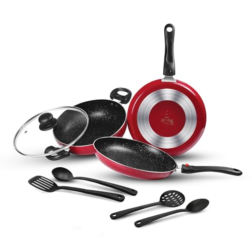 Image of Milton Pro Cook Kitchen Pride Plus Granito I Set of 7 Non Stick Cookware | Non Induction I Cooking Pan, Kadhai with Lid, Tawa, Nylon Laddle & Spatula I Maroon Metallic