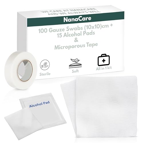 100pc Sterile 10x10cm Non-Stick Gauze Pads with Adhesive Medical Tape & 15 Alcohol Wipes – Hypoallergenic Highly Absorbent Non-Adherent Dressing Sponges for Effective Wound Care and First Aid Supplies