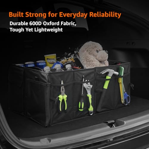 Image of Amazon Basics Car Boot Organizer with 3 Large Compartments & 8 Mesh Pockets | Foldable 600D Oxford Storage Box with Lid & Securing Straps (Black, 58x43x27 cm)