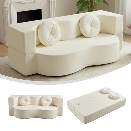2-in-1 Convertible Sofa Bed, Folding 2 Seater Cotton Velvet Sofa with Pillow, No Assembly Fabric Couch for Living Room, Bedroom & Apartment (Beige)