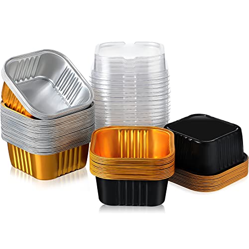 120 Sets Mini Loaf Pans With Lids 150 Ml 5 Oz Aluminum Foil Baking Pans Disposable Ramekins Square Baking Cups Mini Cake Tins Cupcake Holders With Lid For Muffin Brownie Bread (Black Gold, Gold) #TOP22