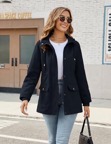 Tuopuda Jackets for Women UK Stand-Up Collar Parka Military Jackets Anorak Utility High Waist Drawstring Zip Up Hood Coat for Spring Summer Autumne, Navy, XL - Image 2