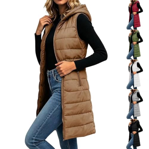 Warm Coat Long Puffer Vest Women Quilted Hooded Sleeveless Jakcets Khaki - image 1