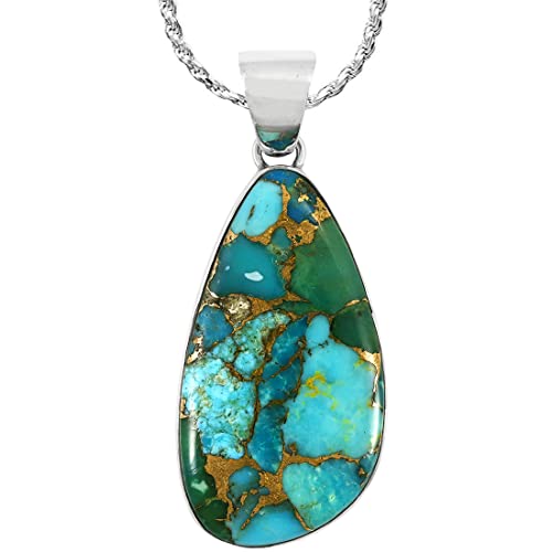 Turquoise Pendant Necklace 20" Sterling Silver 925 Genuine Gemstones (Teal/Matrix