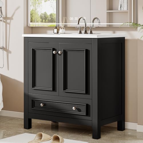 Image of Tribesigns 30 inch Bathroom Vanity with Sink, Freestanding Bathroom Vanities Cabinet with Ceramic Basin Combo, Bathroom Sink Cabinet with 2 Doors and 1 Drawer, Solid Wooden Frame (Black, 30 INCH)