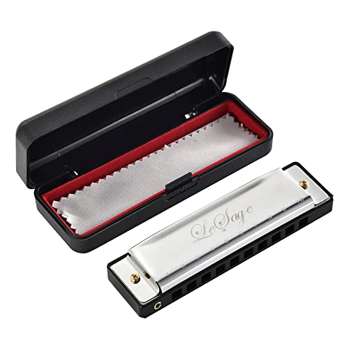 Lesage Blues Harmonica Key Of C Diatonic Harp For Kids Beginner Adults 10 Holes 20 Tones Armonica With Harmonica Case Instructions Gift Silver Folk Harmonica #TOP5
