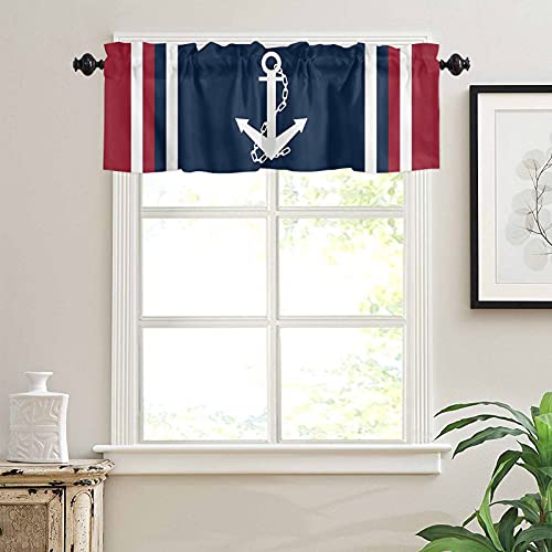 Savannan Nautical Valances, Nautical Anchor Red White Stripes Navy Blue Rod Pocket Cafe Valance Short Window Curtains Valances For Kitchen, Bedroom, Living Room, 1 Panel, 54''X18'' #TOP2
