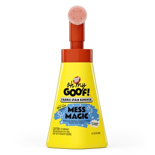 Image of oh my GOOF! Mess Magic Fabric Stain Remover, 8 oz. Foam Stain Remover with Built-In Silicone Scrubber, Helps Remove Food, Marker, Crayon and Ink Marks
