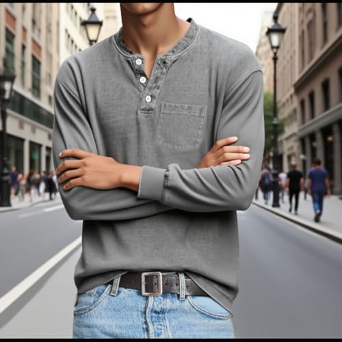 Mokaloha Mens Shirts, Mokaloha Mens Shirts Long Sleeve, Men's Retro Casual Solid Color Long Sleeve Henley with Pockets3