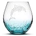 Integrity Bottles Crackle Teal Stemless Wine Glass - Hand Etched Tribal Dolphin Design - Sand Carved