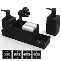AJEUNGAIN Dispenser Sapone Cucina, Set di Dispenser Detersivo Piatti Ricaricabile, Tutto in 1 Porta Sapone Cucina con Spugna e Spazzola, Organizer Lavello Cucina (Nero, 4 in 1)