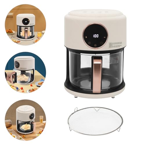 Image of 1200W Glass Air Fryer with 360 Viewable Basket, 3.8QT Borosilicate Airfryer with Touchscreen & 8 Presets Oil-Free Cooker for Family /Outdoor Use (White)