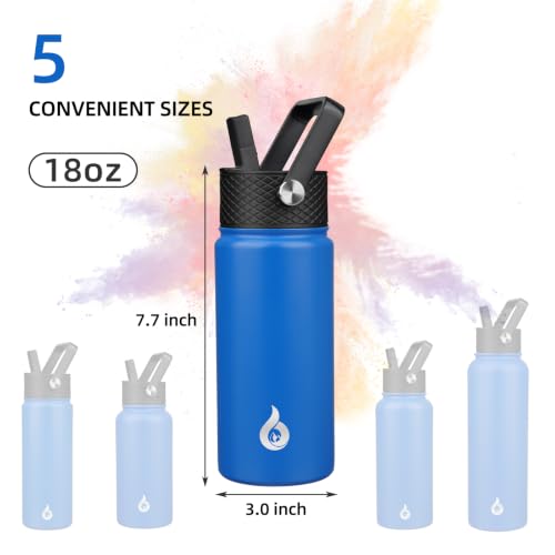 Image of BJPKPK Insulated Water Bottles with Straw Lid, 18oz Stainless Steel Metal Water Bottle, Cold Hot Thermo with 3 Lids, Leak Proof BPA Free Travel Cup, Wide Mouth Flasks, Thermo -Sapphire