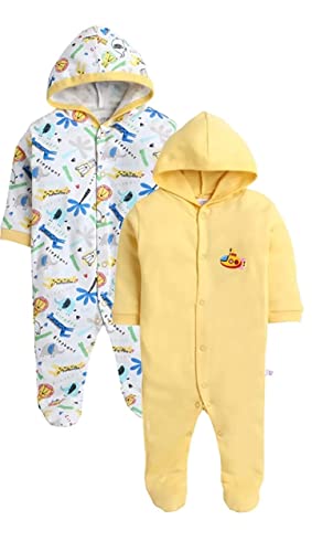 Image of Pooja Baby Front Open Full Sleeves Sleepsuit Hooded with Foot Easy Dressing and Diapering Romper Set of 2