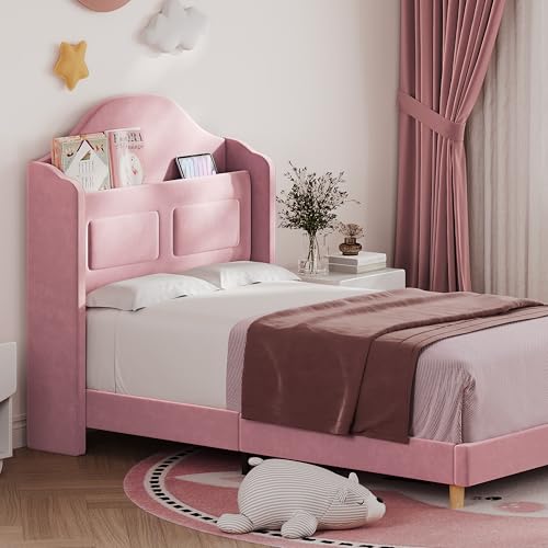 Garveehome Twin Bed Frame for Kids, Upholstered Velvet Princess Platform Bed for Boys/Girls with Wingback, Storage Bookcase Headboard & LED Light, No Box Spring Needed, Noise-Free, Easy Assembly, Pink