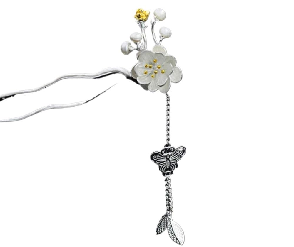 Gioielli per Capelli Cinesi, Bacchette for Capelli retrò a Forma di U in Argento 925 for Donna, 2 forcine for Capelli con Fiori di pesco, Perle Etniche, 2 Punte for Chignon.(Enamel Tassel)
