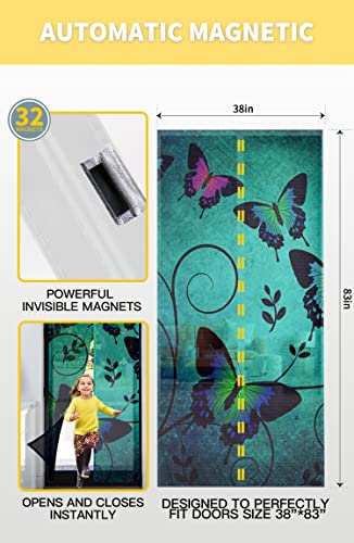 Magnet Screen Door Mesh Curtain Door Screen Magnetic Closure, Vintage Colorful Butterflies Heavy Duty Retractable Net Closure Front Patio Door Curtain, Classical Blue Green 38"X83" #TOP1