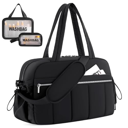 Weekender Bag for Women, Travel Duffle Bag with Toiletry Bag, Carry on Bag for Airplanes, Overnight Duffel Bag, Gym Bag with Wet Pocket, Hospital Bag for Women Labor Delivery, Black