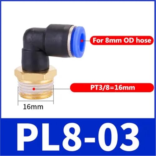 Conector de aire tipo codo PL de 1/4 pulgada con rosca macho para sistema neumático, 2 piezas 3