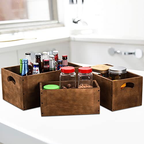Hedume Set Of 3 Nesting Wooden Crates, Wood Crate Box With Handle, Rustic Brown Decorative Wood Storage Crates Container, Stackable Cube Basket Bins Organizer For Home, Office, Closet, Shelf #TOP5