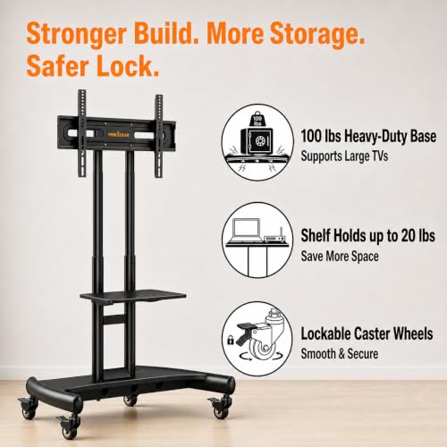 Perlegear Rolling TV Stand for 32-84 Inch TV, Mobile TV Cart up to 100lbs, Adjustable Height Outdoor TV Cart with Heavy-Duty Base, VESA 600x400mm, Portable TV Stand on Wheels for Livingroom PGTVMC05-1 - Image 4