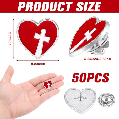 Juexica 50 Pcs Religious Sacred Heart of Jesus Pins Bulk Christian Favors Cross Enamel Lapel Brooch Red Heart Pins for Clergy Appreciation Gift Church Funeral Sunday School2