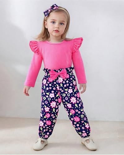 Image of YALLET 3Pcs Toddler Girl Clothes Solid Color Long Sleeves Ruffle Top+Floral Pants+Headband 1-6 Years Fall /Winter Outfits Set