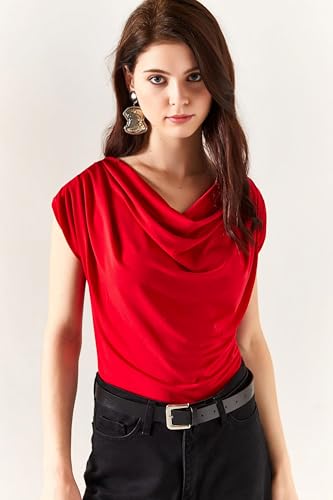 Image of SIGHTBOMB Ultra Soft Afford LUX Edition Draped Cowl Neck FRONTFLOW Gathered Ruched SOFTLINE Sleeveless TOP for Women