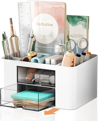 Vimbo Stationary Organiser 7-Grid Desk Organizer with Drawer &ndash; Multifunctional Plastic Table...
