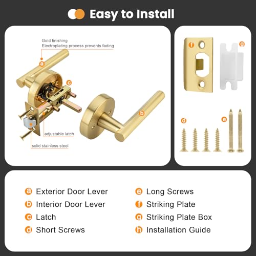 Image of Goldenwarm 8 Pack Gold Passage Door Handles, Closet Door Lever Brushed Gold Interior Door Handle for Hall and Closet, Zinc-Alloy Heavy Duty DoorHandles Reversible(no Lock)