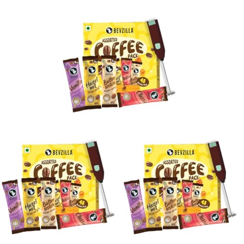 Image of Bevzilla 48 Flavoured Coffee Sachets With Frother (48X2 Gram) | 12 Pouch Each Flavour | Hazelnut, Vanilla, Classic & Butterscotch | Cafe Coffee Kit (Pack of 3)