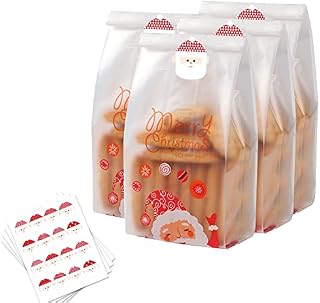 50pcs Christmas Sweet Bags Christmas Cookie Bags Translucent Treat Bags with Stickers Santa Claus Plastic Bags for Cake Candy Chocolate Snack Bakery Bread Cupcake Donuts Xmas Party Gift Wrapping Bag