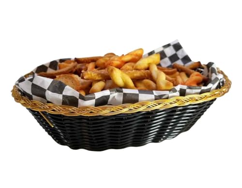 Image of Tablecraft Black 9 inch Oblong Hand-Woven Basket w / Gold Metal Trim