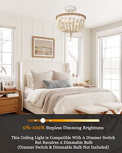 Elyona Bohemia Wood Beaded Chandelier, Farmhouse Flush Mount Ceiling Light, 13" Rustic Ceiling Light Fixture, 2-Light Boho Light Fixture For Bedroom, Entryway, Hallway, Kitchen, Girl Room, White #TOP1