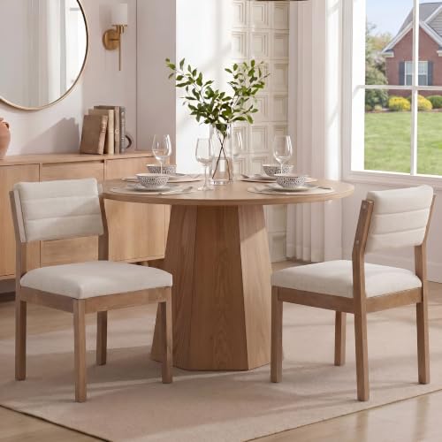 Image of RIVOVA Linen Dining Chairs Set of 2, Comfortable Upholstered Kitchen Chairs with Wood Legs, Mid Century Modern Kitchen Chairs Accent Side Chairs for Living, Bedroom, Restaurant, Beige