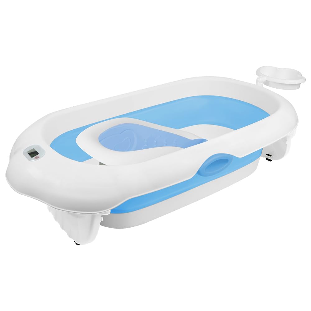 Homewell - Bañera de bebé plegable con cojín de baño para bebé y termómetro digital, bañera para el hogar y los viajes, fácil de limpiar (azul)