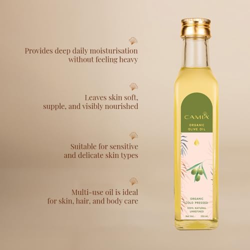 Image of CAMIA - Organic Cold Pressed Olive Oil for Skin & Hair | Natural Skincare & Hair Treatment | Strengthen Hair Roots & Deeply Moisturizes Skin | 250 ML Glass Bottle