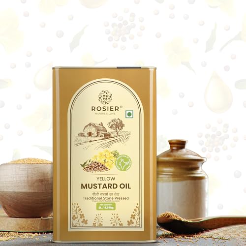 Image of ROSIER Stone Pressed Organic Yellow Mustard Oil 5 L | Traditional Stone Pressed Single Filtered Cooking Oil | Kolhu /Kacchi Ghani /Chekku | Pure, Natural and Healthy Mustard Oil 5 Litre